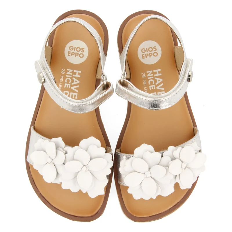 SILVER LEATHER SANDALS WITH FLOWER DECORATION FOR GIRL AND BOY NEHALEM