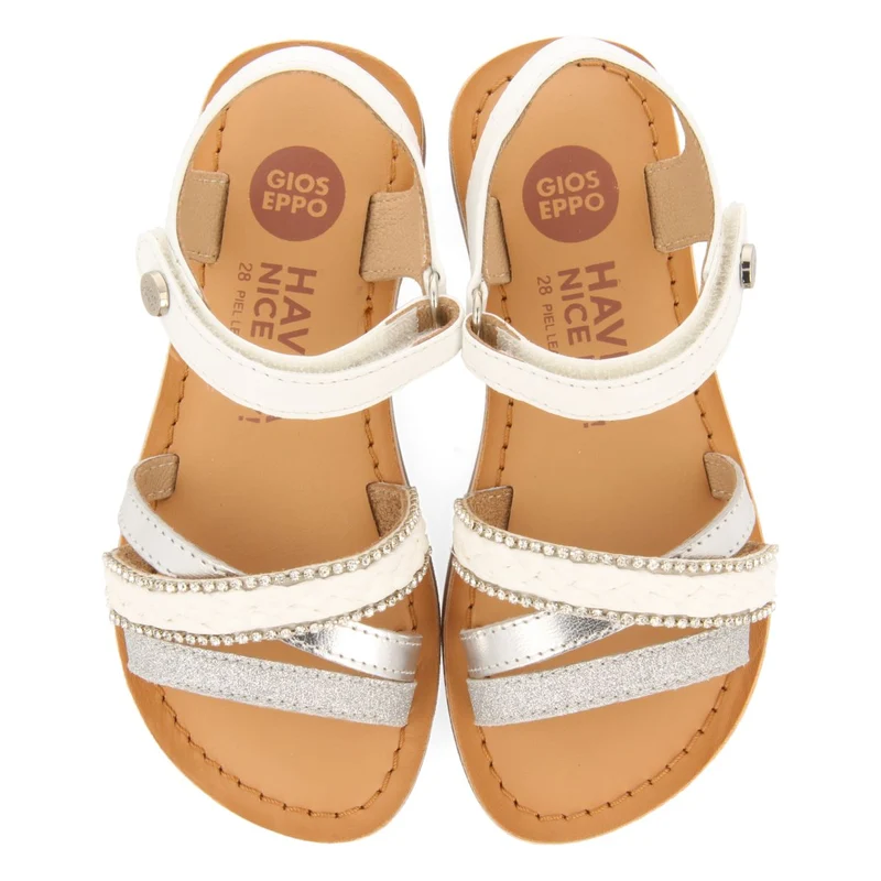 WHITE LEATHER SANDALS WITH RAFFIA BRAIDING, GLITTER AND METALLIC ACCENTS FOR GIRL AND BOY SILETZ