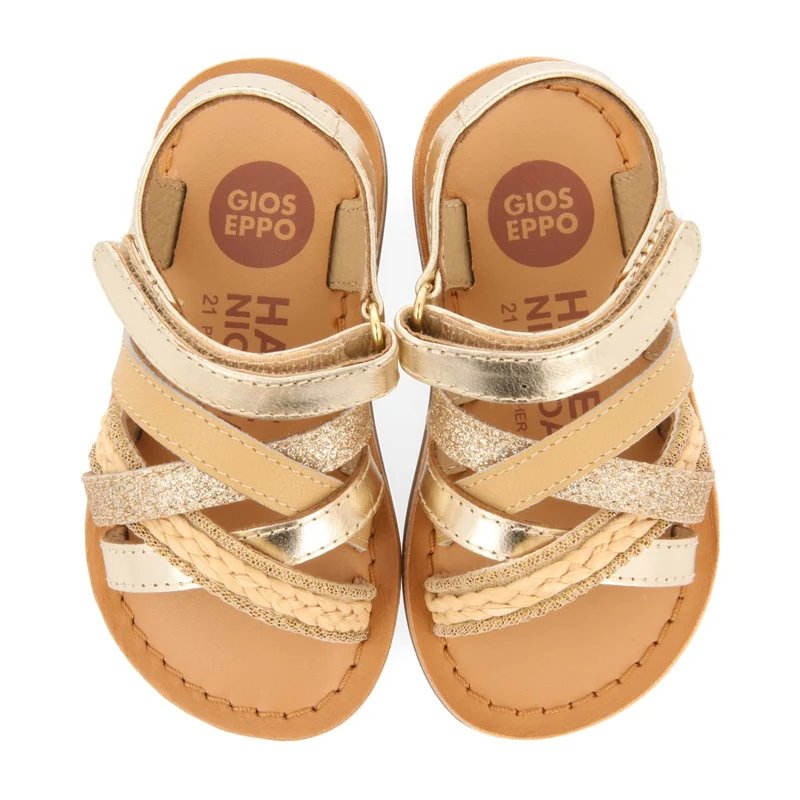 GOLDEN LEATHER SANDALS WITH EMBROIDERY IN RAFFIA, GLITTER AND METALLIC ACCENTS FOR BABY ILOK