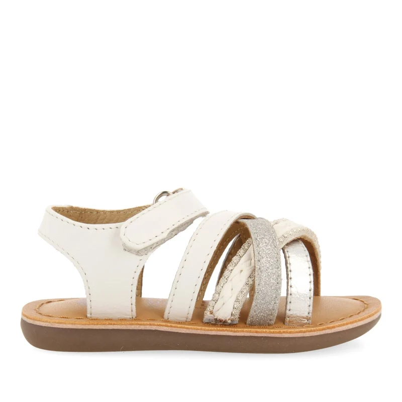 WHITE LEATHER SANDALS WITH EMBROIDERY IN RAFFIA, GLITTER AND METALLIC ACCENTS FOR BABY ILOK