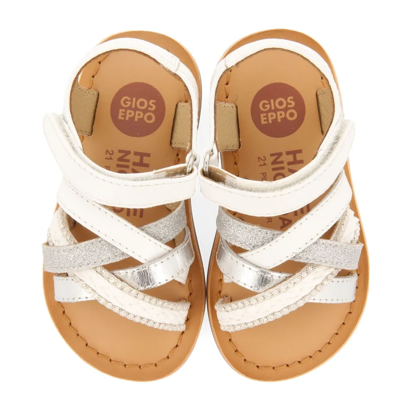 WHITE LEATHER SANDALS WITH EMBROIDERY IN RAFFIA, GLITTER AND METALLIC ACCENTS FOR BABY ILOK