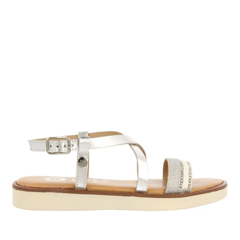 SILVER LEATHER SANDALS WITH BRAIDING, GLITTER AND METALLIC ACCENTS FOR GIRL AND BOY MERRILL