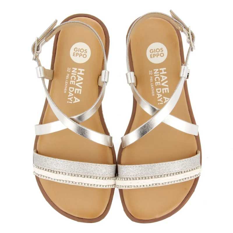 SILVER LEATHER SANDALS WITH BRAIDING, GLITTER AND METALLIC ACCENTS FOR GIRL AND BOY MERRILL