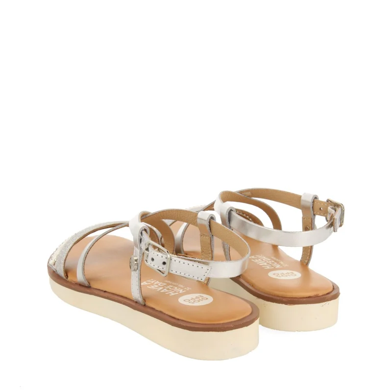 SILVER LEATHER SANDALS WITH BRAIDING, GLITTER AND METALLIC ACCENTS FOR GIRL AND BOY MERRILL