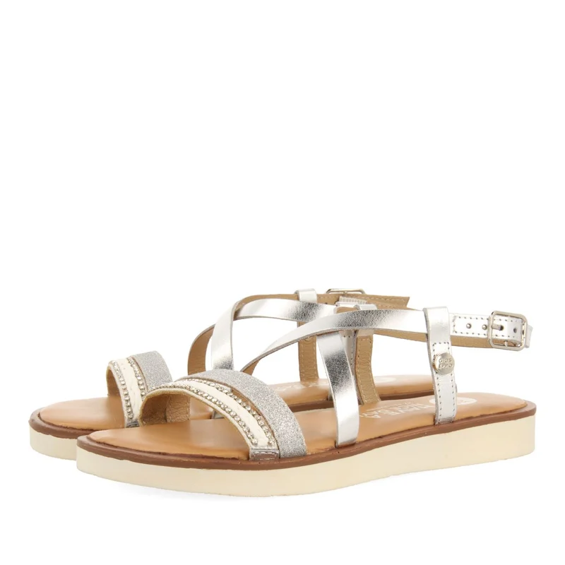 SILVER LEATHER SANDALS WITH BRAIDING, GLITTER AND METALLIC ACCENTS FOR GIRL AND BOY MERRILL