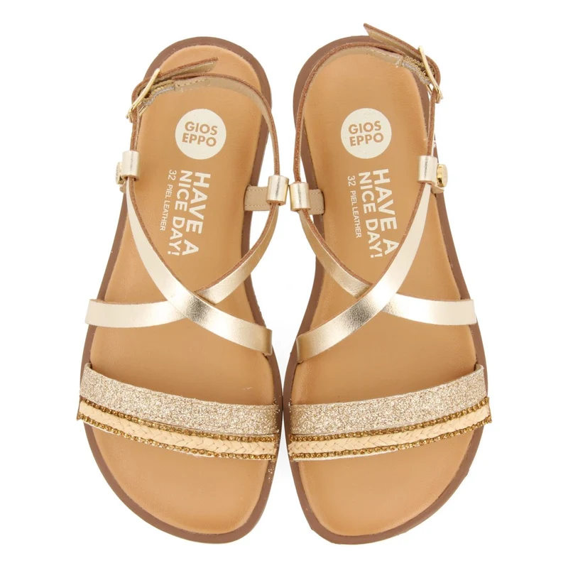 GOLDEN LEATHER SANDALS WITH BRAIDING, GLITTER AND METALLIC ACCENTS FOR GIRL AND BOY MERRILL