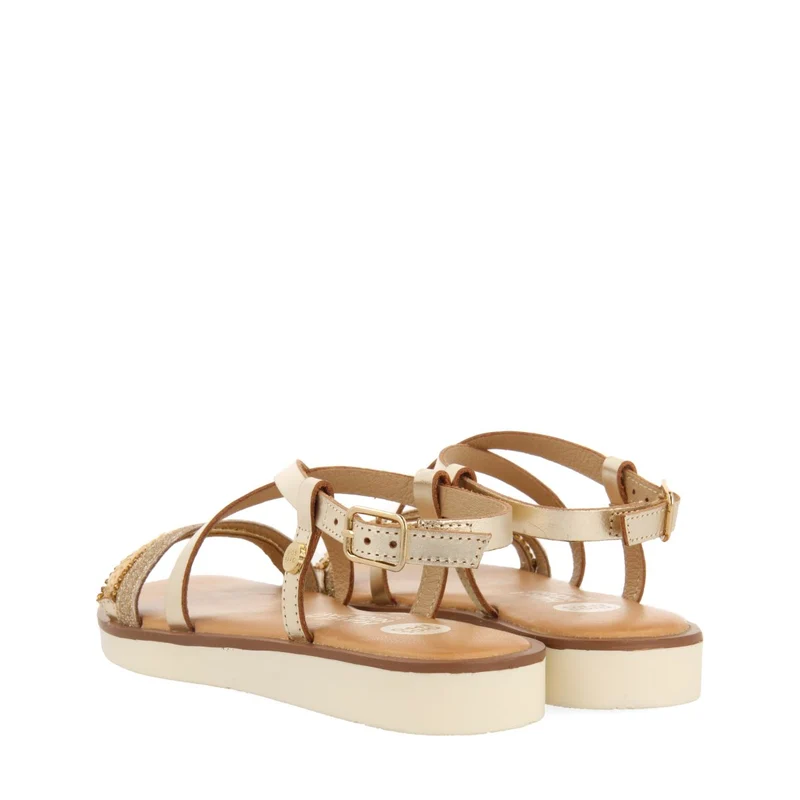 GOLDEN LEATHER SANDALS WITH BRAIDING, GLITTER AND METALLIC ACCENTS FOR GIRL AND BOY MERRILL