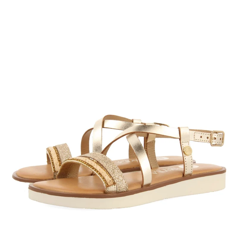 GOLDEN LEATHER SANDALS WITH BRAIDING, GLITTER AND METALLIC ACCENTS FOR GIRL AND BOY MERRILL