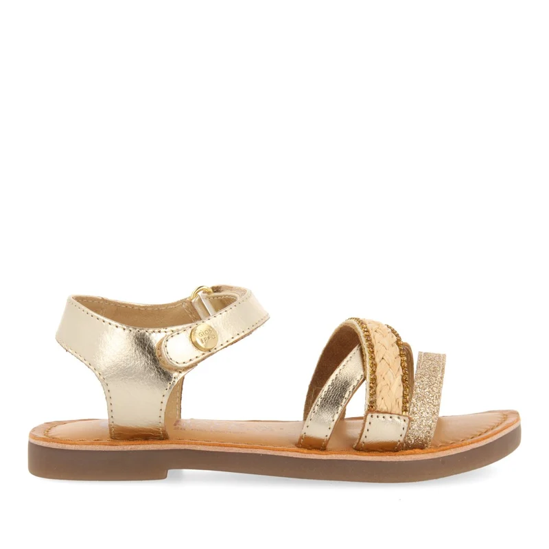 GOLDEN LEATHER SANDALS WITH RAFFIA BRAIDING, GLITTER, AND METALLIC ACCENTS FOR GIRL AND BOY SILETZ