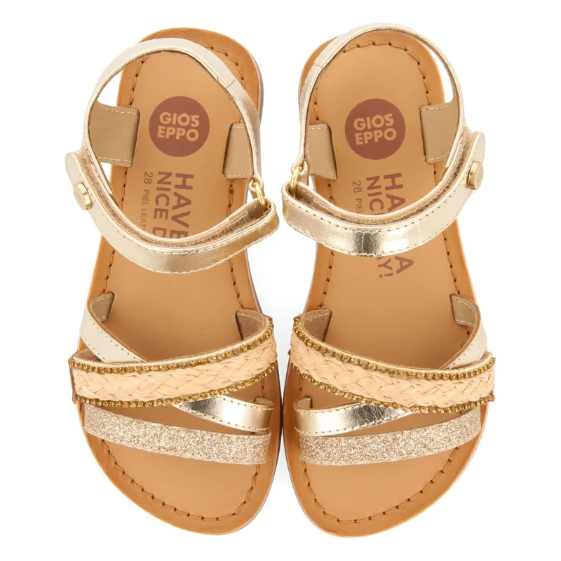 GOLDEN LEATHER SANDALS WITH RAFFIA BRAIDING, GLITTER, AND METALLIC ACCENTS FOR GIRL AND BOY SILETZ