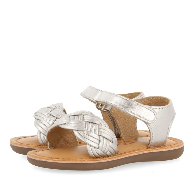 SILVER LEATHER SANDALS WITH BRAIDING AND ADJUSTABLE CLOSURE FOR BABY FLUSHE