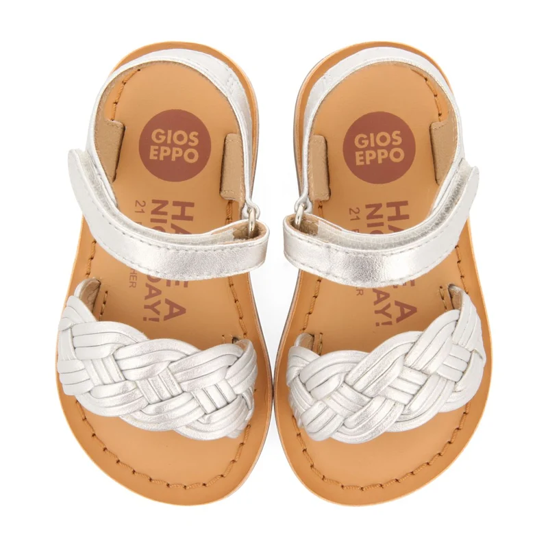 SILVER LEATHER SANDALS WITH BRAIDING AND ADJUSTABLE CLOSURE FOR BABY FLUSHE
