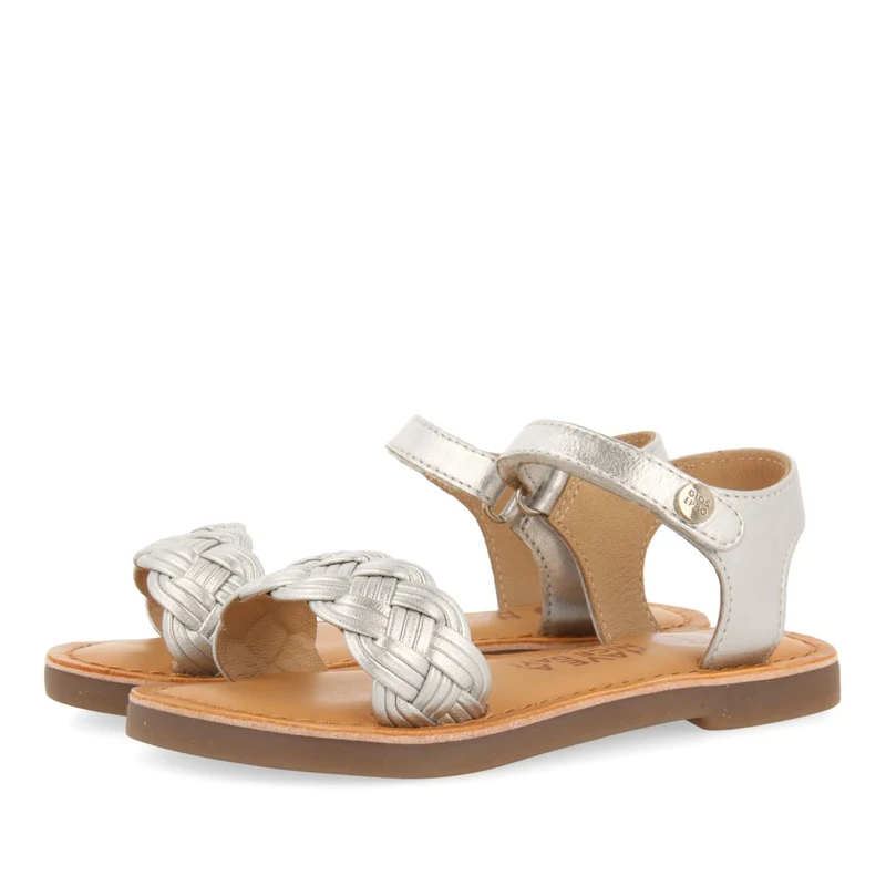 SILVER LEATHER SANDALS WITH BRAIDING AND ADJUSTABLE CLOSURE FOR GIRL AND BOY MANASTIR