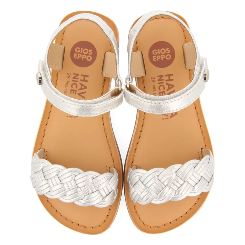SILVER LEATHER SANDALS WITH BRAIDING AND ADJUSTABLE CLOSURE FOR GIRL AND BOY MANASTIR