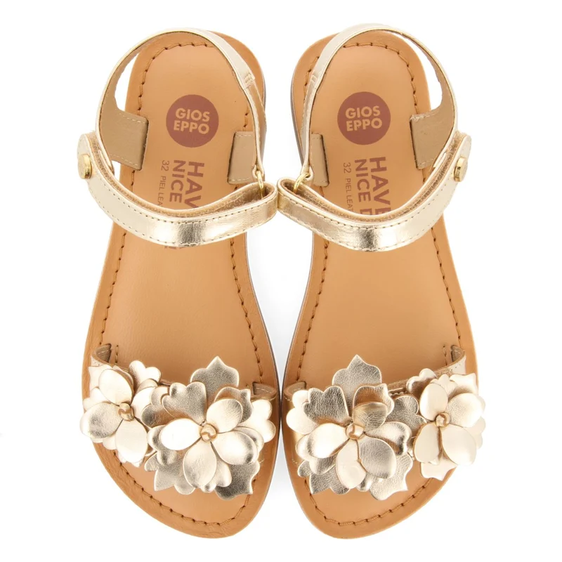 GOLDEN LEATHER SANDALS WITH FLOWER EMBELLISHMENT FOR GIRL AND BOY IMOTSKI