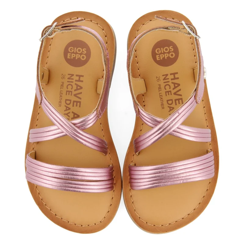 PINK METALLIC SANDALS WITH TUBULAR LEATHER STRAPS FOR GIRL AND BOY KERRIER WITH LEATHER STRAPS