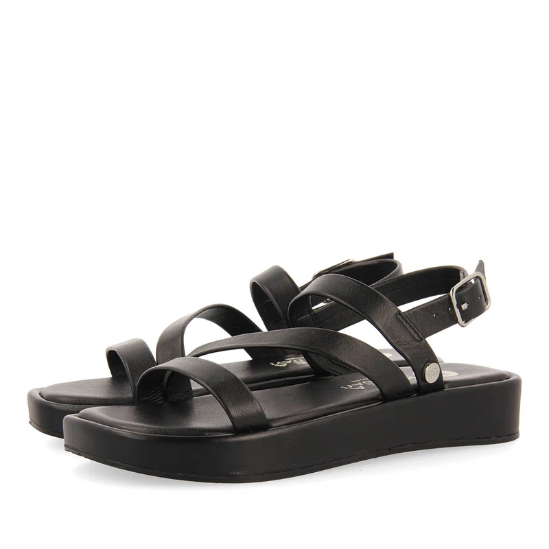 BLACK LEATHER SANDALS WITH STRAPS AND VOLUME SOLE FOR GIRL AND BOY COULEE