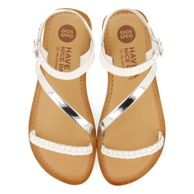 WHITE LEATHER SANDALS WITH BRAIDED AND METALLIC DETAILS FOR GIRL AND BOY HELIX