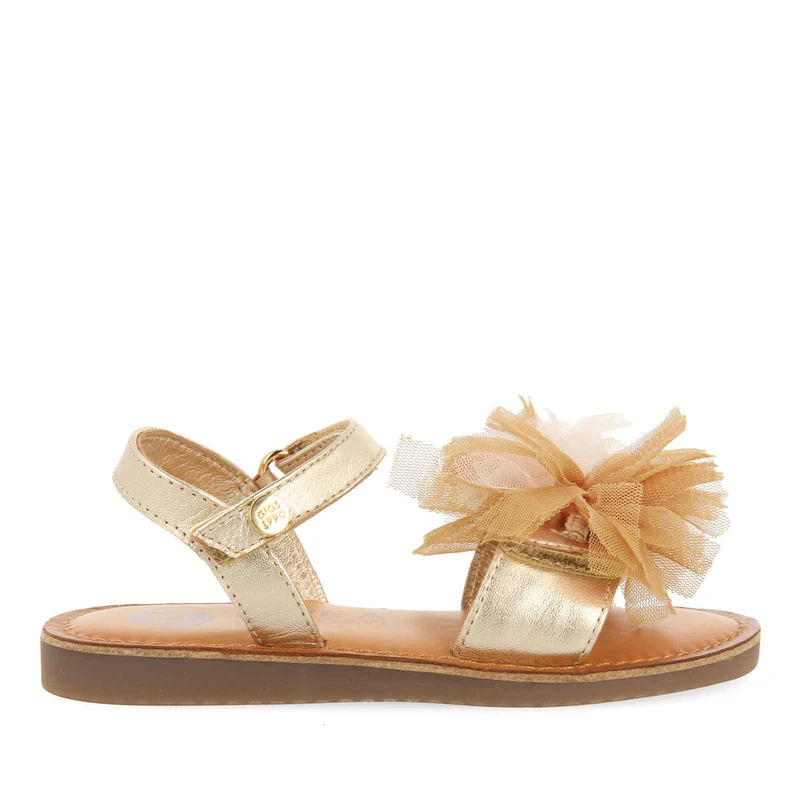 GOLDEN LEATHER SANDALS WITH MULTICOLORED TULLE ADORNMENTS FOR GIRL AND BOY BICAJ