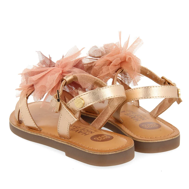 GOLDEN PINK LEATHER SANDALS WITH PINK POMPOMS FOR GIRL AND BOY TECATE