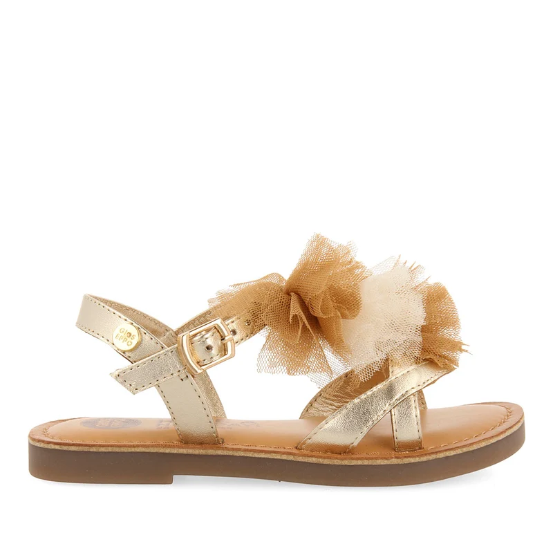 GOLDEN LEATHER SANDALS WITH NUDE TONE POMPOMS FOR GIRL AND BOY TECATE