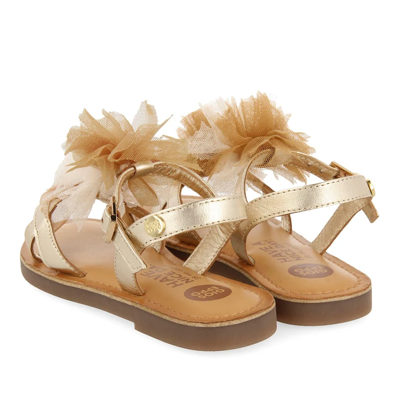 GOLDEN LEATHER SANDALS WITH NUDE TONE POMPOMS FOR GIRL AND BOY TECATE