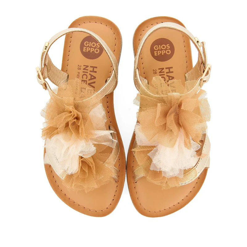 GOLDEN LEATHER SANDALS WITH NUDE TONE POMPOMS FOR GIRL AND BOY TECATE
