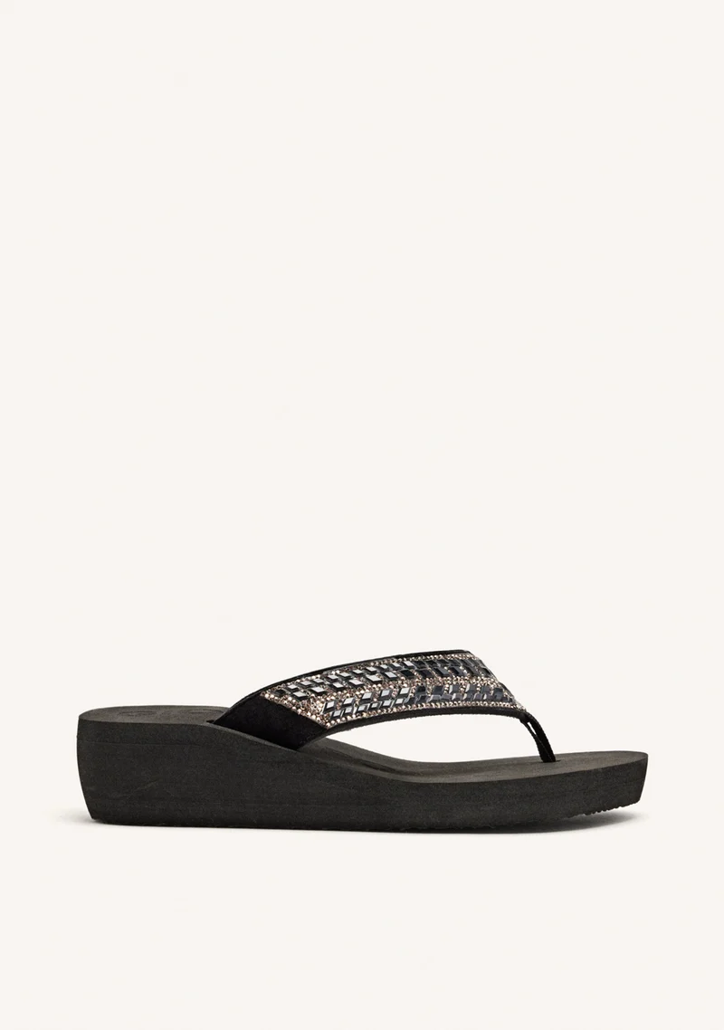 BLACK WEDGE SANDALS WITH CRYSTAL EMBELLISHMENT FOR WOMEN DEVICES