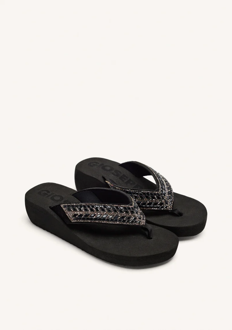 BLACK WEDGE SANDALS WITH CRYSTAL EMBELLISHMENT FOR WOMEN DEVICES