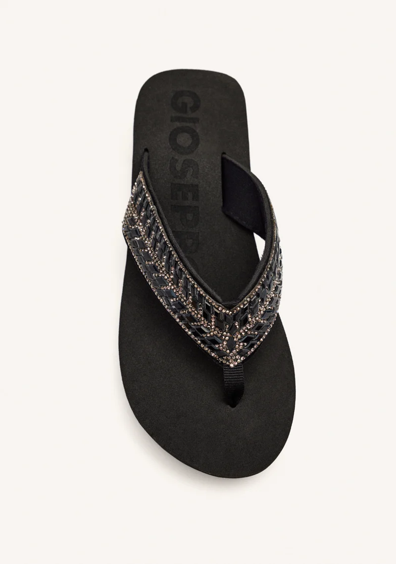 BLACK WEDGE SANDALS WITH CRYSTAL EMBELLISHMENT FOR WOMEN DEVICES