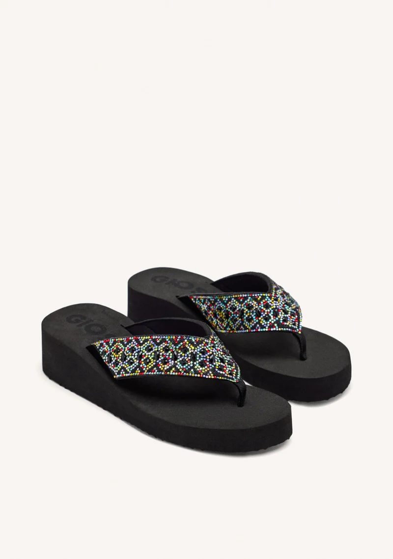 MULTICOLORED WEDGE SANDALS WITH CRYSTAL EMBELLISHMENT FOR WOMEN DRENOVE