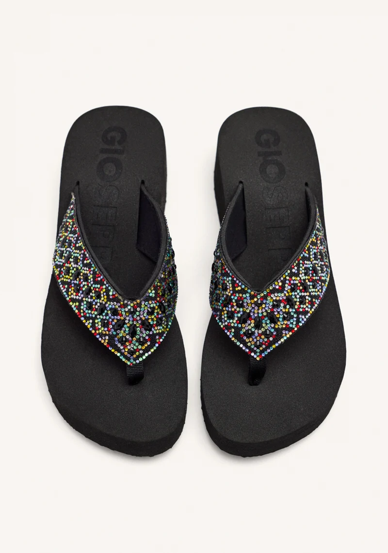 MULTICOLORED WEDGE SANDALS WITH CRYSTAL EMBELLISHMENT FOR WOMEN DRENOVE