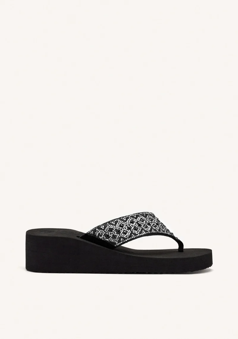 BLACK WEDGE SANDALS WITH CRYSTAL EMBELLISHMENT FOR WOMEN DRENOVE