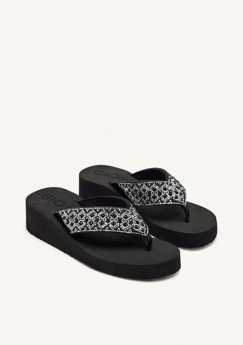 BLACK WEDGE SANDALS WITH CRYSTAL EMBELLISHMENT FOR WOMEN DRENOVE