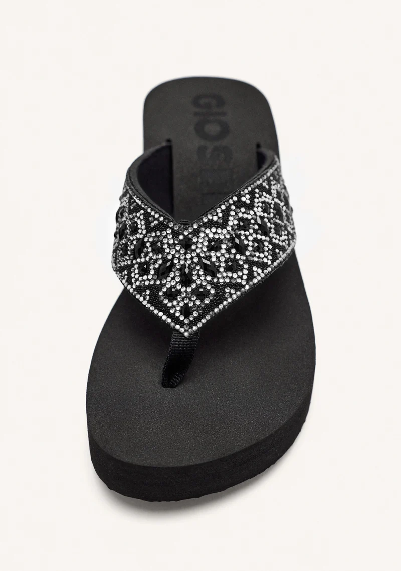 BLACK WEDGE SANDALS WITH CRYSTAL EMBELLISHMENT FOR WOMEN DRENOVE