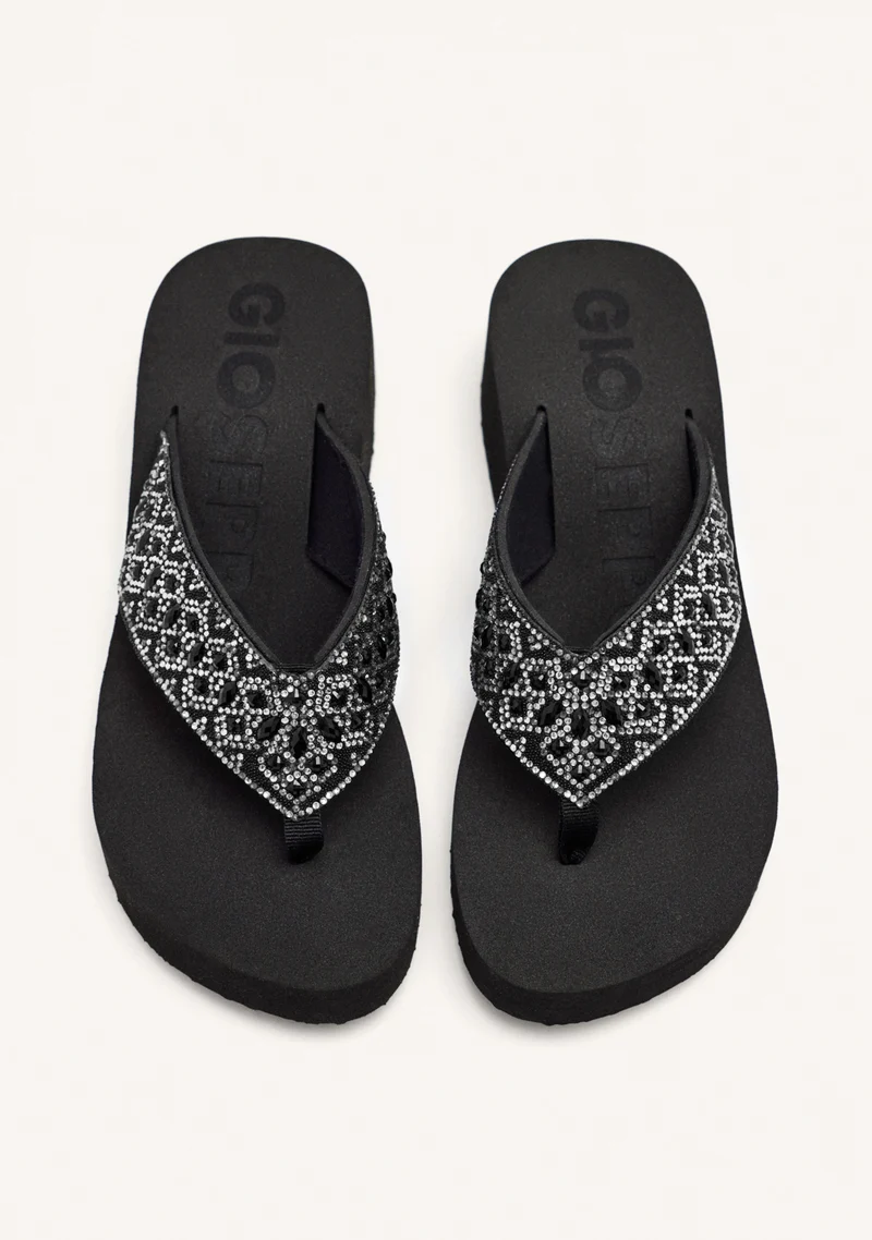 BLACK WEDGE SANDALS WITH CRYSTAL EMBELLISHMENT FOR WOMEN DRENOVE