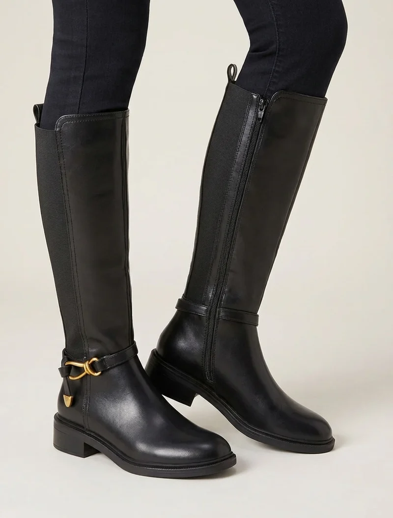 Bottes style cavalière à boucle fantaisie - Noir