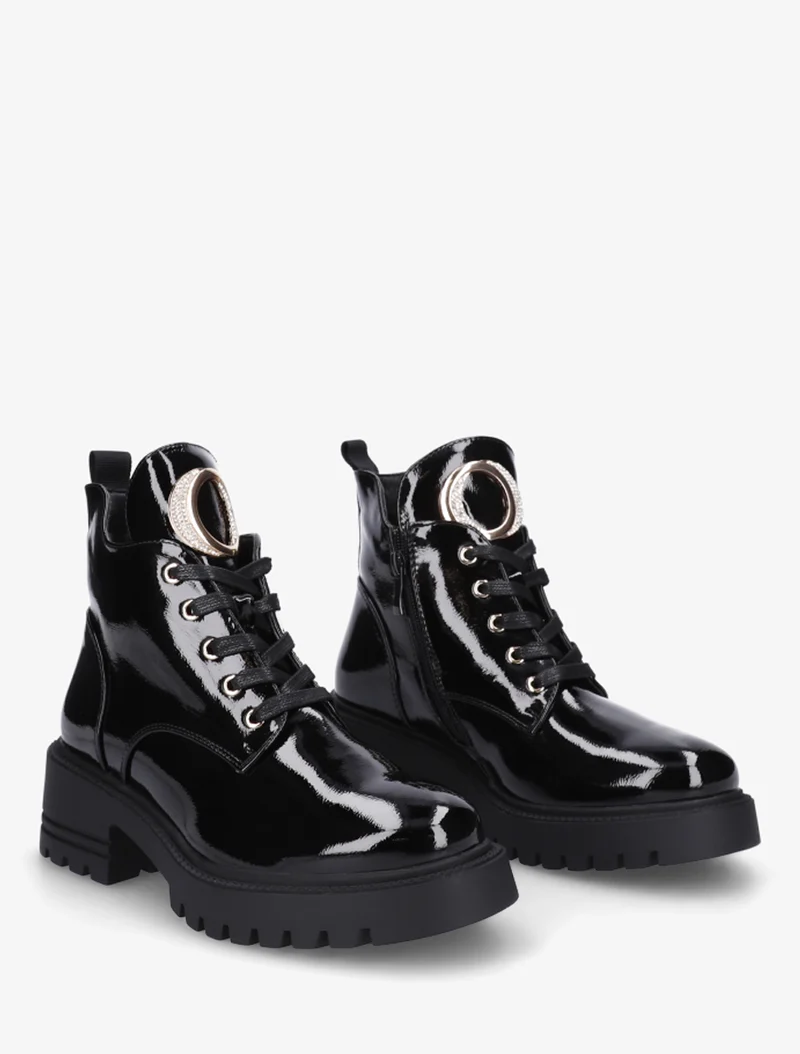 Boots vernies à bijou métal strassé - Noir