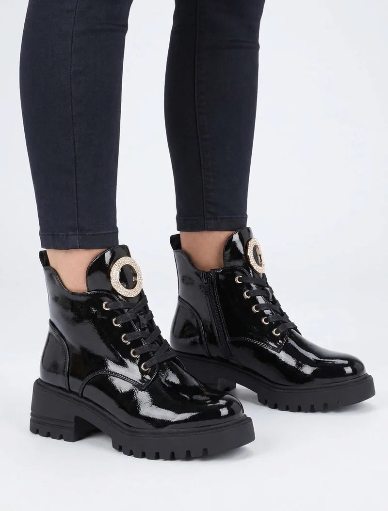 Boots vernies à bijou métal strassé - Noir