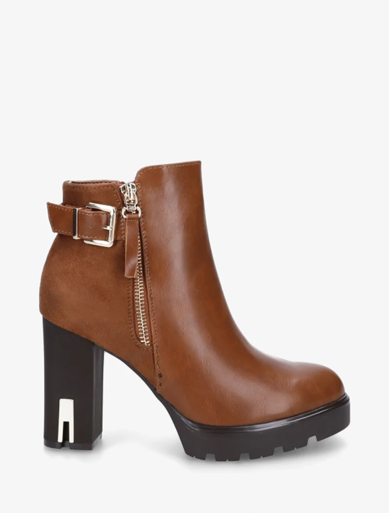 Bottines bimatière à zip décoratif - Camel