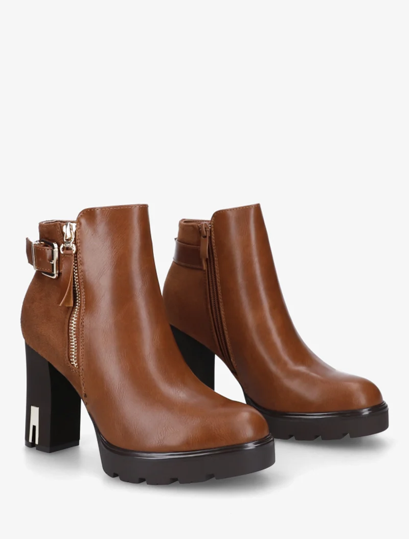 Bottines bimatière à zip décoratif - Camel