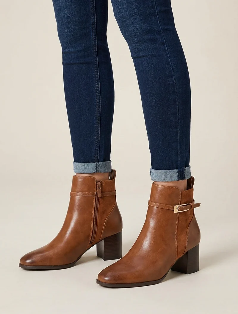 Bottines bimatière avec sangles - Camel