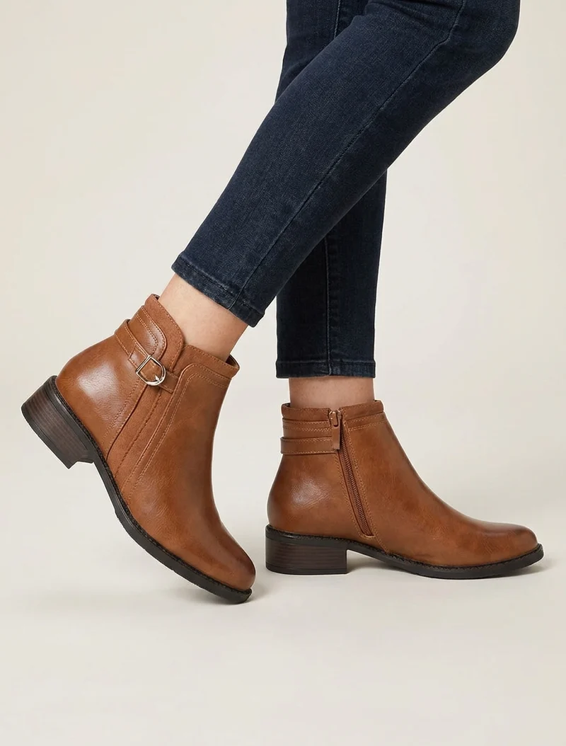 Bottines en simili à boucle et empiècement suédine - Camel