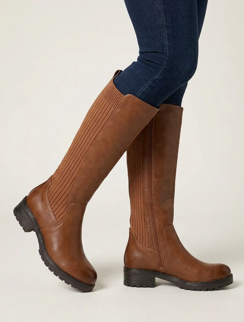 Bottes élastiquées en tissu côtelé - Camel