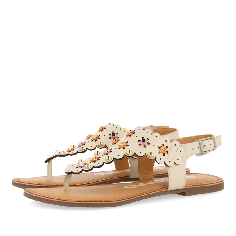 OFF-WHITE LEATHER SANDALS WITH FLOWER STUDDED DECORATION FOR WOMEN PRELOJ