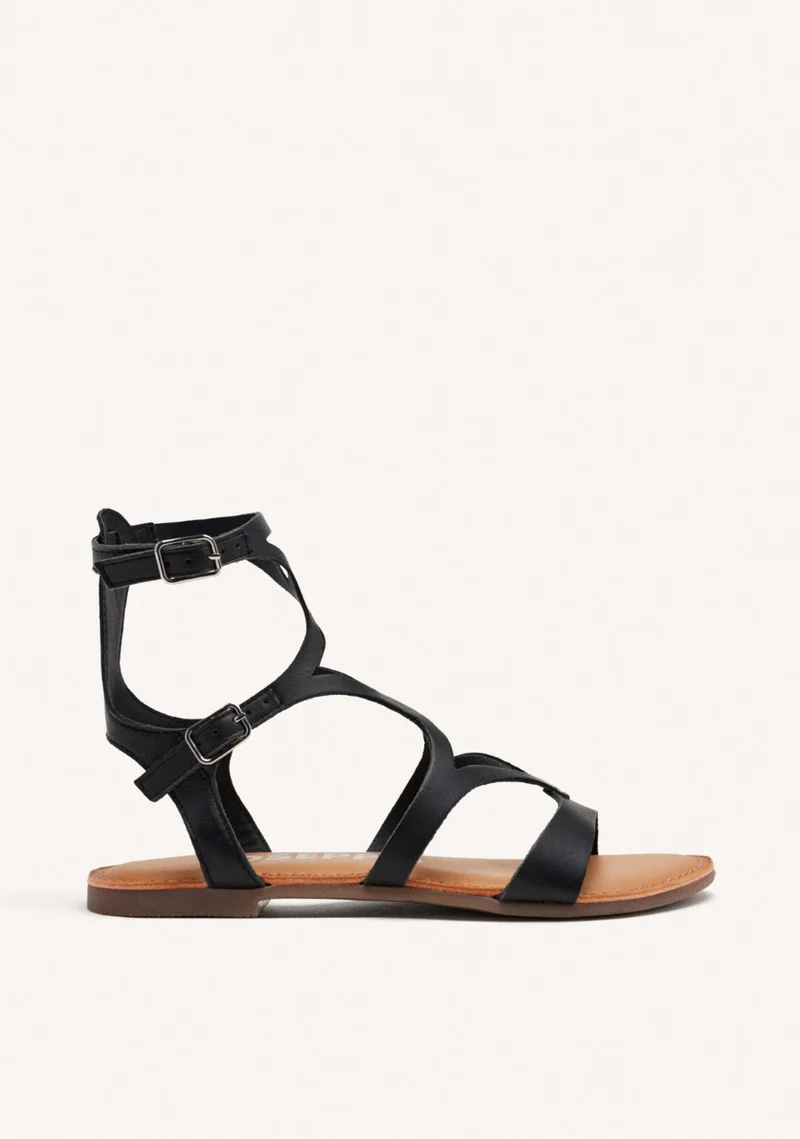 BLACK LEATHER ROMAN STYLE SANDALS FOR WOMEN TOPOJE
