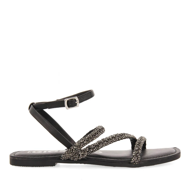 BLACK LEATHER SANDALS WITH EMBELLISHMENTS FOR WOMEN SORLINGAS