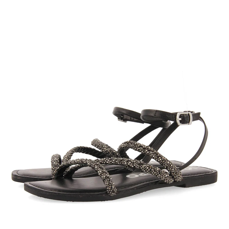 BLACK LEATHER SANDALS WITH EMBELLISHMENTS FOR WOMEN SORLINGAS