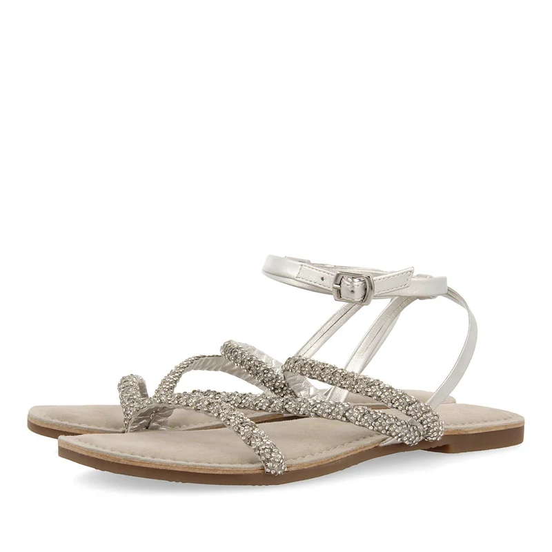 SILVER LEATHER SANDALS WITH EMBELLISHMENTS FOR WOMEN SORLINGAS