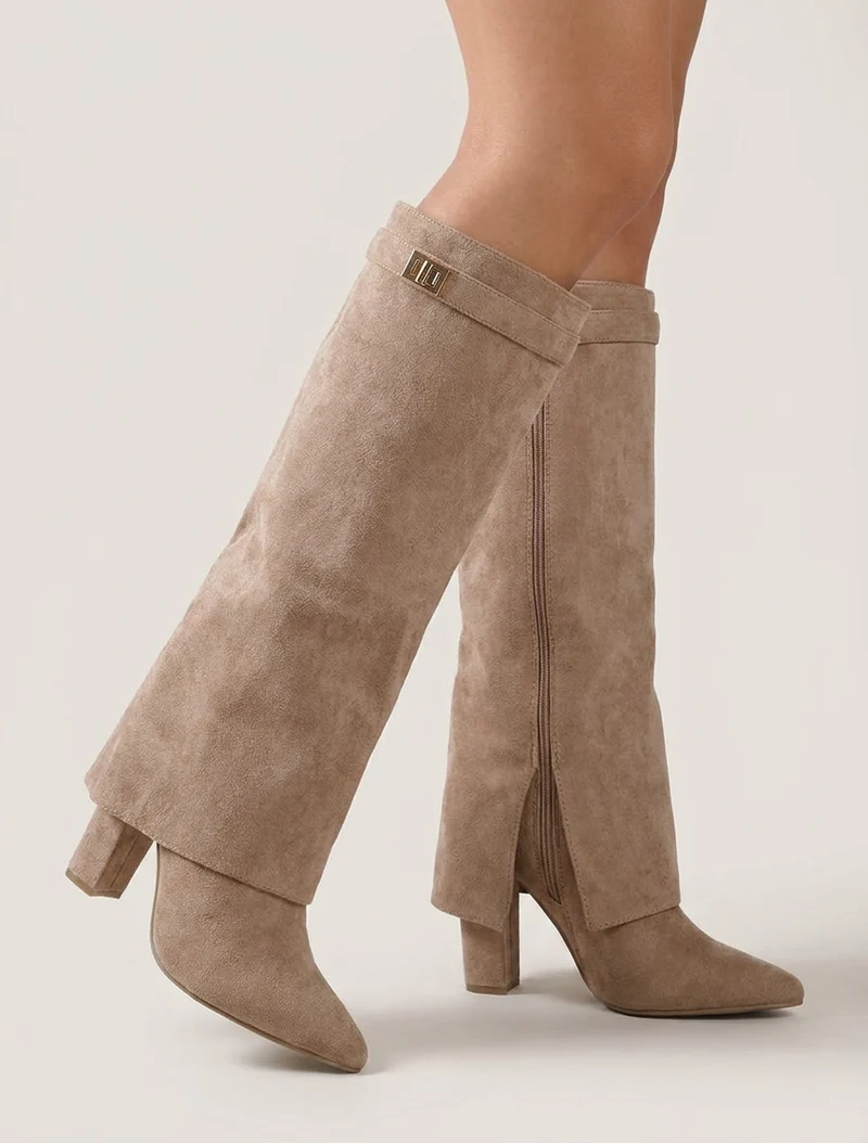 Bottes en suédine à revers - Taupe